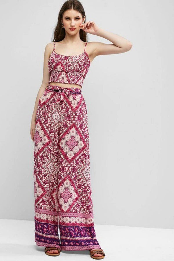 Boho 2 Piece Set, Matching Crop Top and Palazzo Pant, Wild Boho Square Purple - Wild Rose Boho