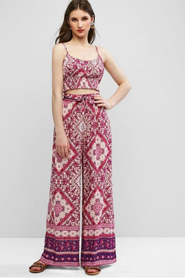 Boho 2 Piece Set, Matching Crop Top and Palazzo Pant, Wild Boho Square Purple - Wild Rose Boho