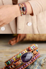 Boho Bracelet, 3 Layers Leather Wrap Bracelet, Natural Stone Purple Amethysts - Wild Rose Boho