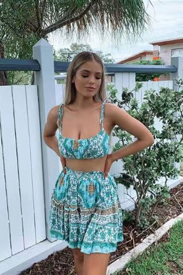 Boho 2 Piece Set, Matching Crop Top and Skirt, Oceane Square Mint - Wild Rose Boho