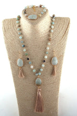 Boho Necklace, Jewelry Set, RH AmazoniteTassel Natural Green Stone - Wild Rose Boho