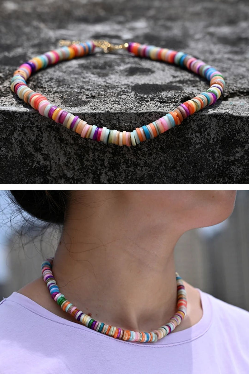 Boho Necklace, Seed Bead Choker, Colorful Shell