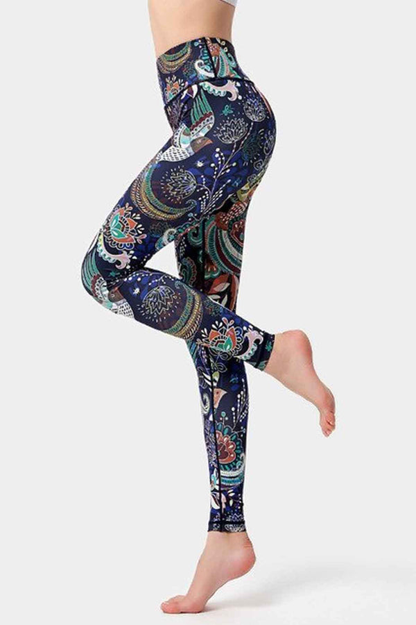 Yoga Legging, Yoga Pants, Boho Legging, Tight with Pocket Forrest in Blue Green Bird