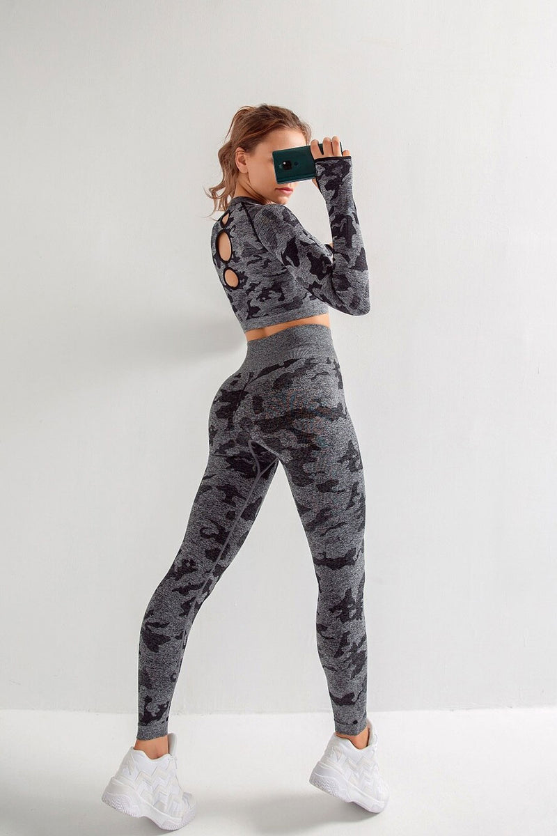 Boho Yoga Set, Printed Workout Set Top and Legging, Camo in Black - Wild Rose Boho