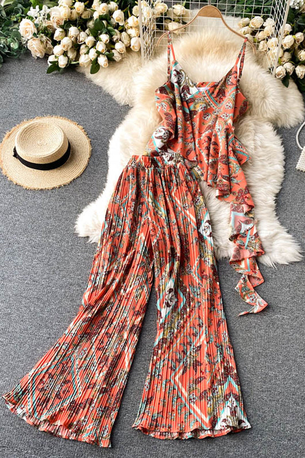 Boho Vintage 2 Piece Set, Matching Top and Pleated Pant, Gypsy Orange and Green - Wild Rose Boho