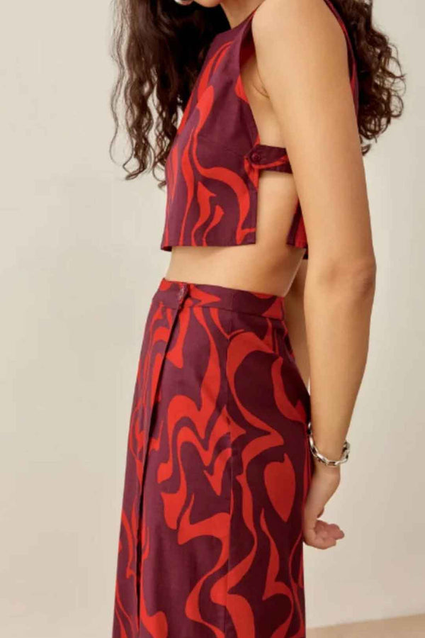 Boho Two Piece Set, Crop Top and Midi Skirt, Her Flaming in Red