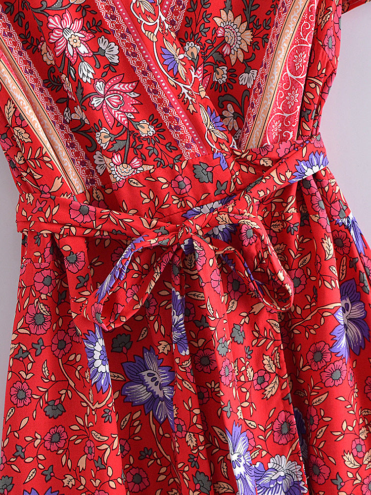 Boho Mini Dress, Sundress, Wrap Dress, Urban Flow in Red and Navy