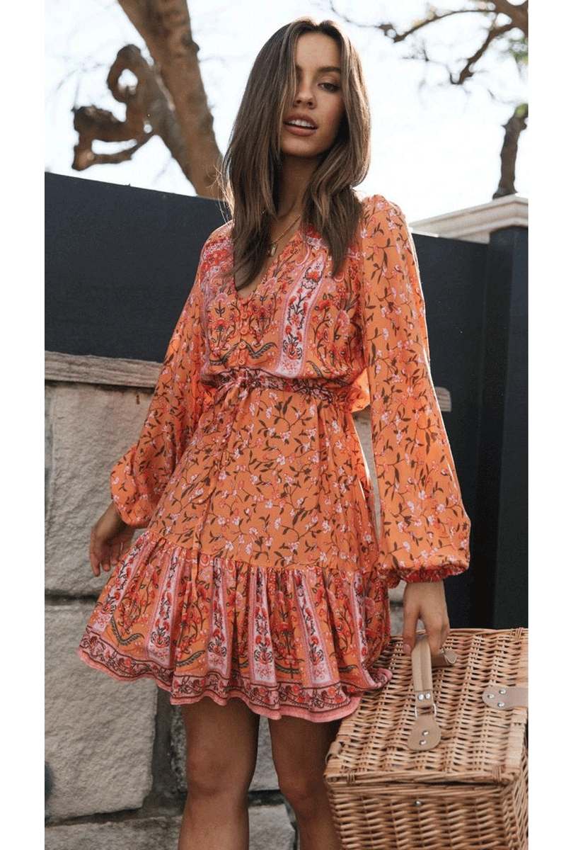 Boho Mini Dress Sundress Vacation in Orange Saffron