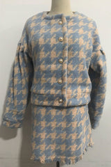 Autumn Winter 2 Piece Set, Matching Wool Plaid Jacket and Mini Skirt, Vintage Winter in Blue-White - Wild Rose Boho