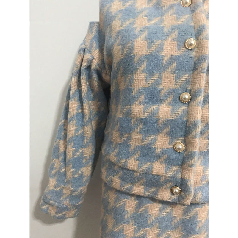 Autumn Winter 2 Piece Set, Matching Wool Plaid Jacket and Mini Skirt, Vintage Winter in Blue-White - Wild Rose Boho