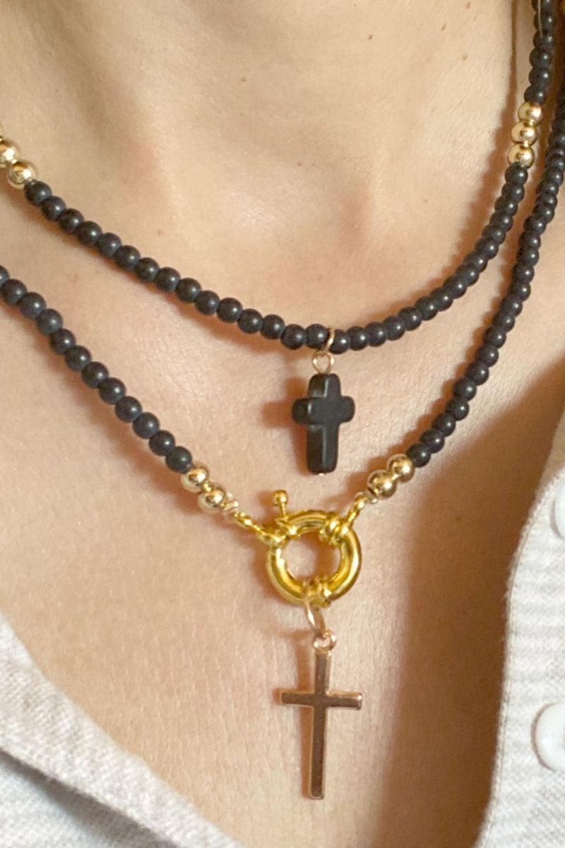 Boho Necklace, Seed Bead Layered Choker, Double Cross