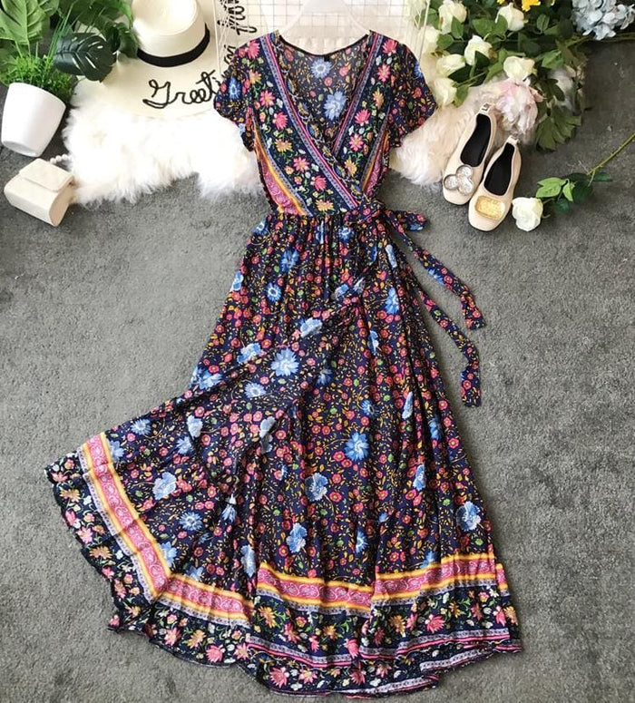 Vintage Boho Hippie Dresses Blue Planet Bohemian V-Neck Tie Slim Swing  Print Dress Blue Green