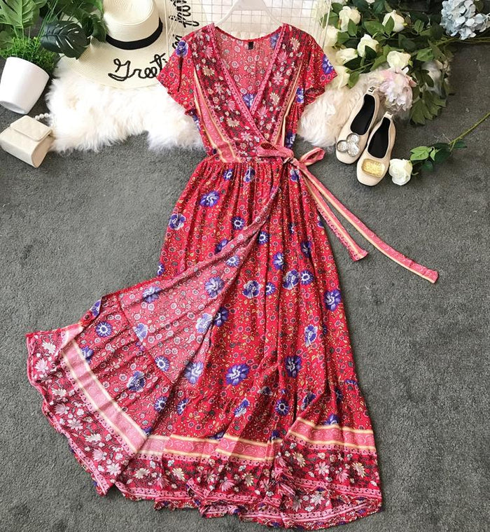 open lace back dress Red Floral Maxi Wrap Dress – AX Paris main image 1