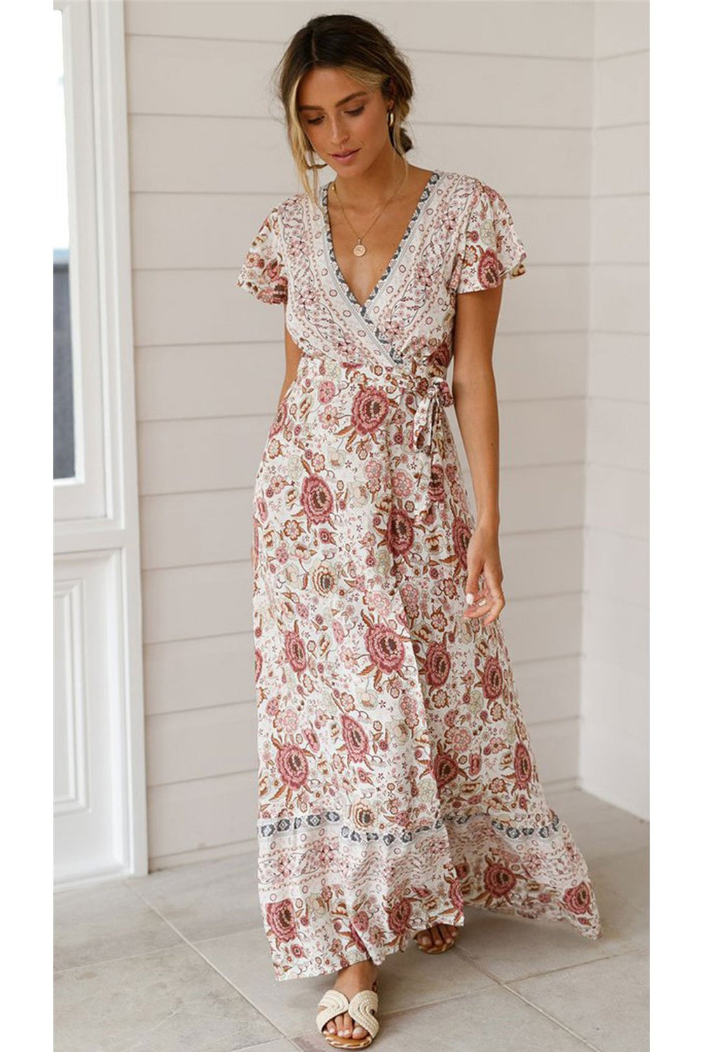 Boho Maxi Dress, Sundress, Wrap Dress, Flower Song in Blue and White Pink / XL Boho Maxi Dress, Sundress, Wrap Dress, Flower Song in Blue and White Pink / XL
