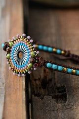 Boho Bracelet, Leather Wrap Bracelet, Weave Bracelet, Blue Amazonite Crystal - Wild Rose Boho