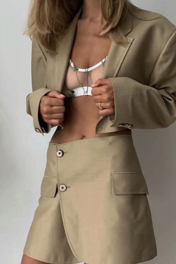 Vintage 2 Piece Set, Matching Crop Blazer and Mini Skirt, Charlotte in Fawn Beige - Wild Rose Boho