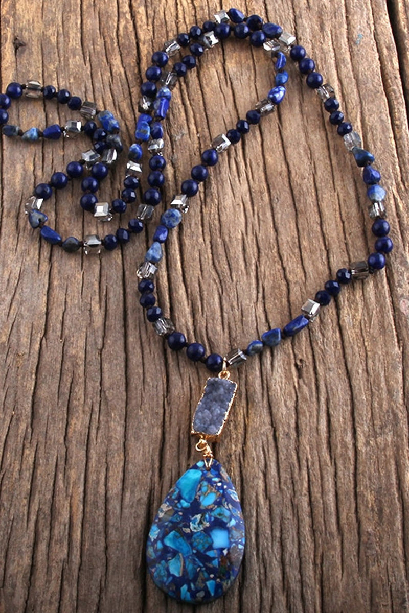 Boho Necklace, RH Agated Crystal Blue Oval Natural Stone - Wild Rose Boho
