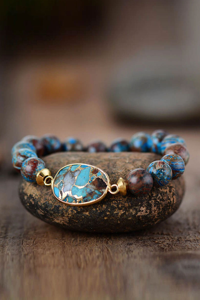 Boho Bracelet, Stretchy Bracelet, Brown Blue 10mm Bronzite Stone Tibetan - Wild Rose Boho