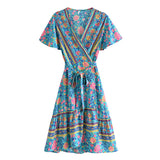 Boho Mini Dress, Sundress, Wrap Dress, Gypsy Flower in Blue and White