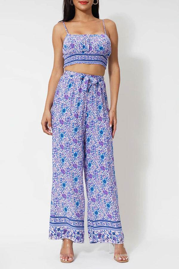 Boho 2 Piece Set, Matching Crop Top and Pant, Wild Floral in Purple - Wild Rose Boho