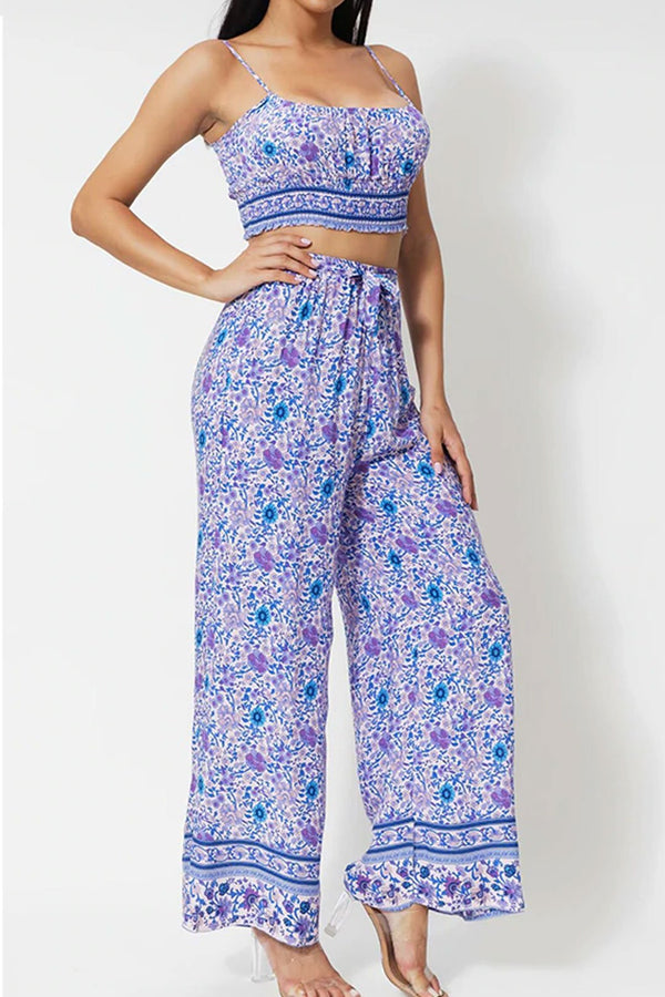 Boho 2 Piece Set, Matching Crop Top and Pant, Wild Floral in Purple - Wild Rose Boho