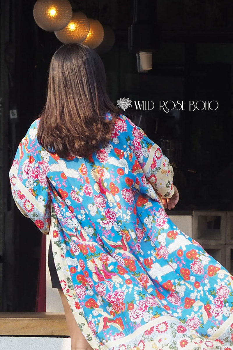 Boho Robe, Kimono Robe, Peony Blue Bird - Wild Rose Boho