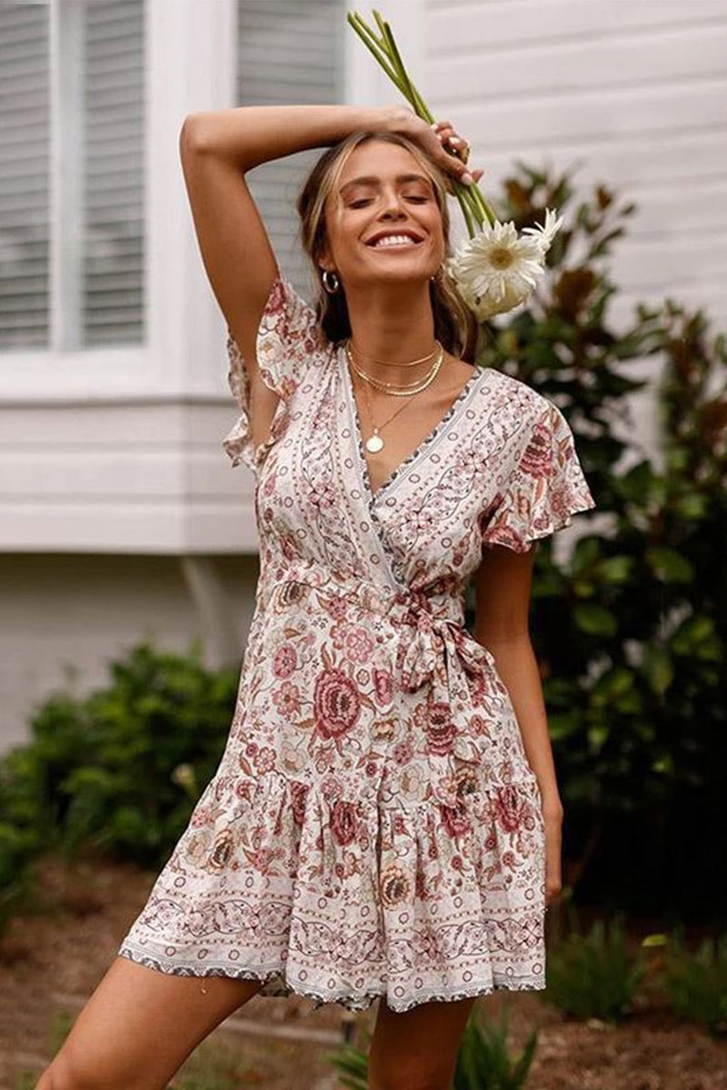 Boho Mini Dress, Sundress, Wrap Dress, Gypsy Flower in White and Blue – Wild Rose Boho