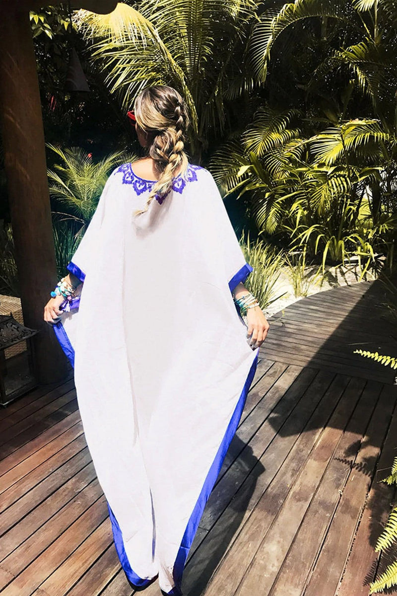 Maxi Boho Dress, Beach Dress, Embroidered Dress, Poppy in Blue and White - Wild Rose Boho