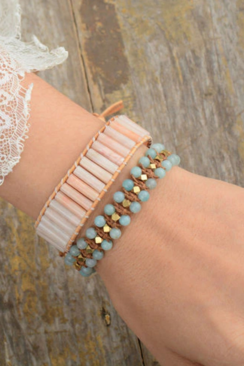 Boho Bracelet, Friendship Bracelet, Pink Rhodonite and Blue Amazonite - Wild Rose Boho