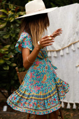Boho Mini Dress, Sundress, Wrap Dress, Gypsy Flower in White and Blue