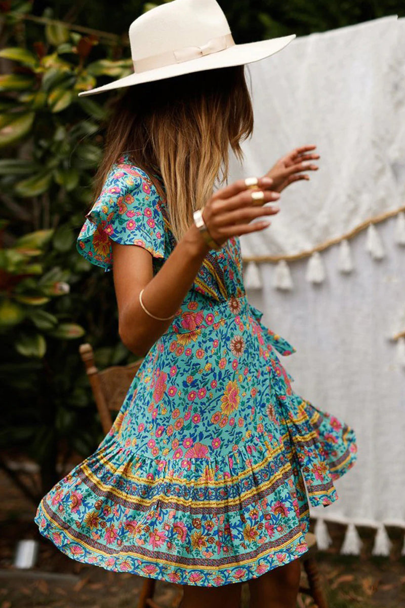 Boho Mini Dress, Sundress, Wrap Dress, Gypsy Flower in White and Blue – Wild Rose Boho