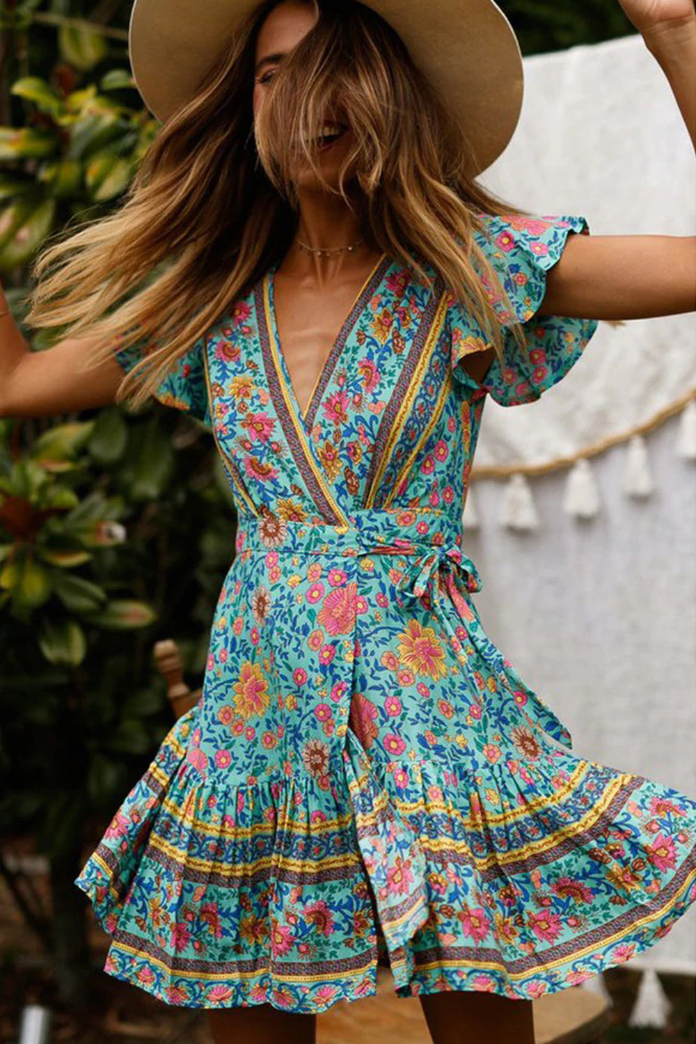 gypsy white boho dress Boho Mini Dress, Sundress, Wrap Dress, Gypsy Flower in White and Blue beige / L