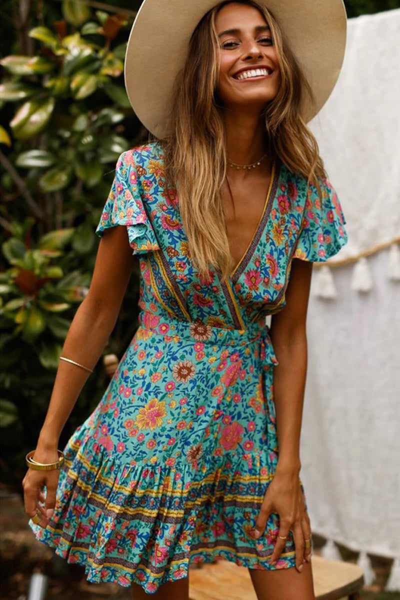Boho Mini Dress, Sundress, Wrap Dress, Gypsy Flower in White and Blue green / M