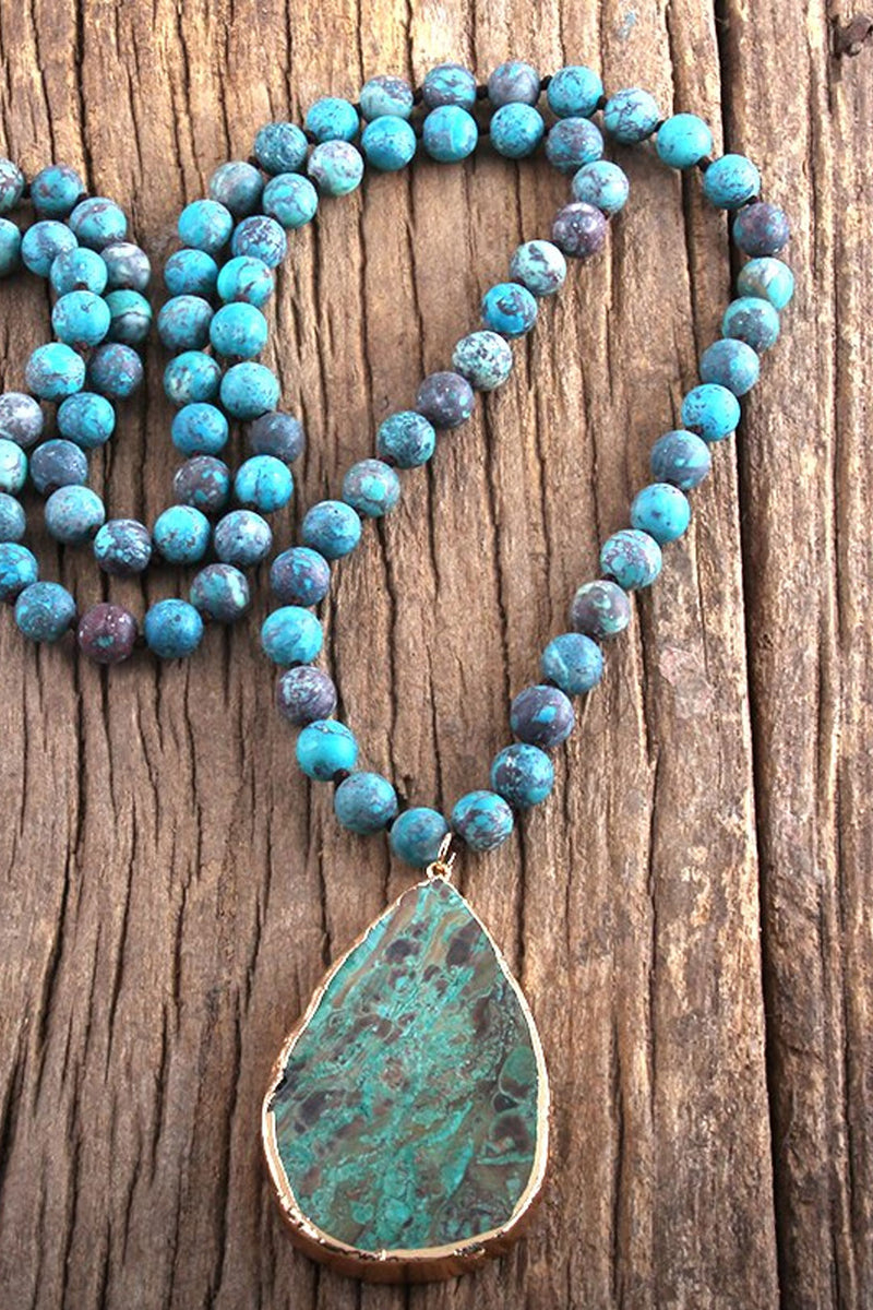 Boho Necklace, RH India Agated Blue and  Green Natural Stone