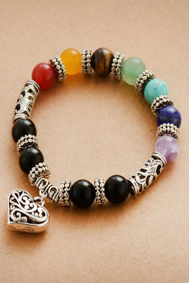 Boho Bracelet, Stretchy Bracelet, Black 7 Chakra - Wild Rose Boho