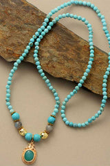 Boho Necklace, Mala Stone Beads Turquoise Gold