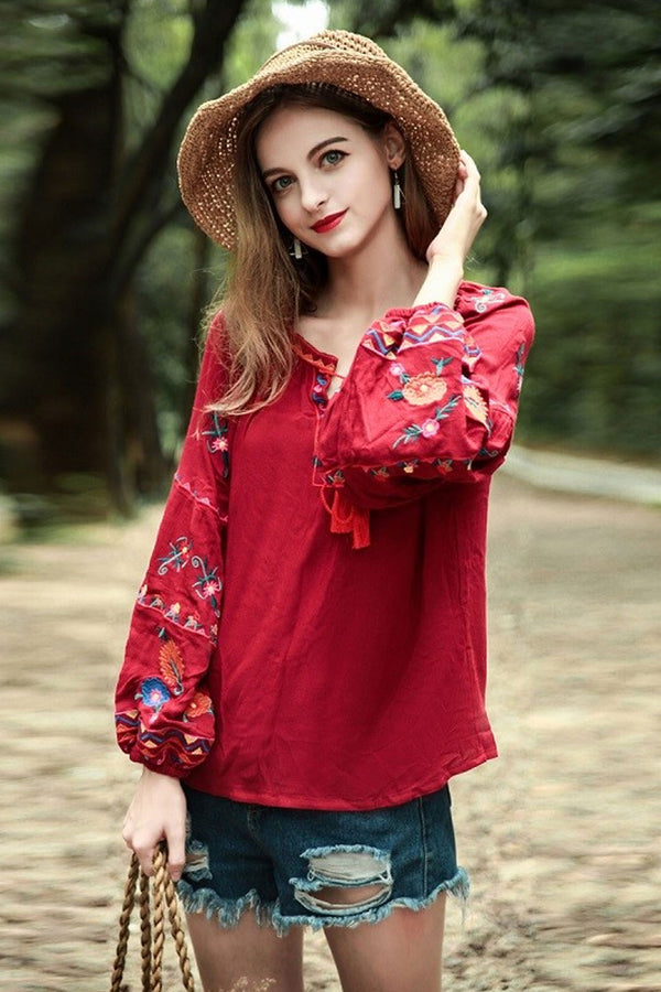 Boho Blouse, Embroidery Cotton in Red - Wild Rose Boho