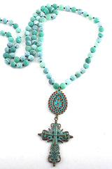 Boho Necklace, RH Precious Blue Lava Stone, Cross