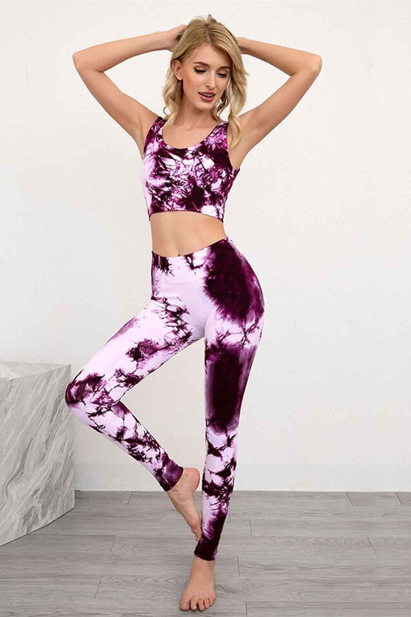 Yoga Set, Yoga Legging, Printed Workout Set Top and Legging, SmokeTie Dye in Purple