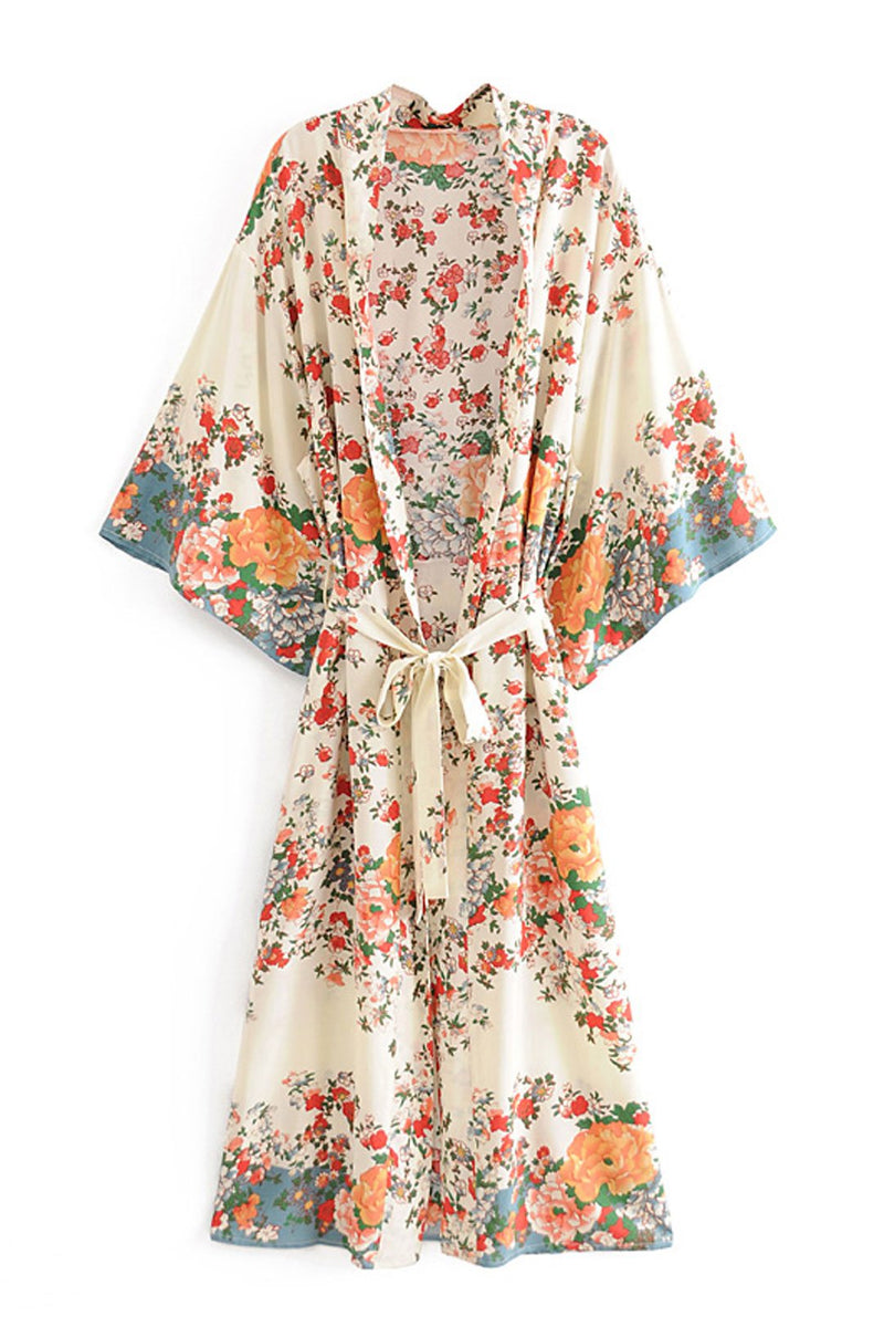 Boho Robe, Kimono Robe, White Floral - Wild Rose Boho