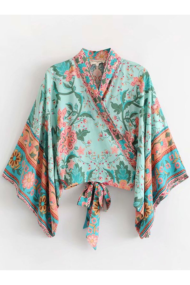 Boho Robe, Kimono Robe,  Beach Cover up, Wild Flower Kelly Green