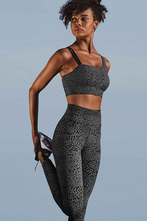 Yoga Set, Yoga Legging, Printed Workout Set Top and Legging, leopard in Grey and Brown