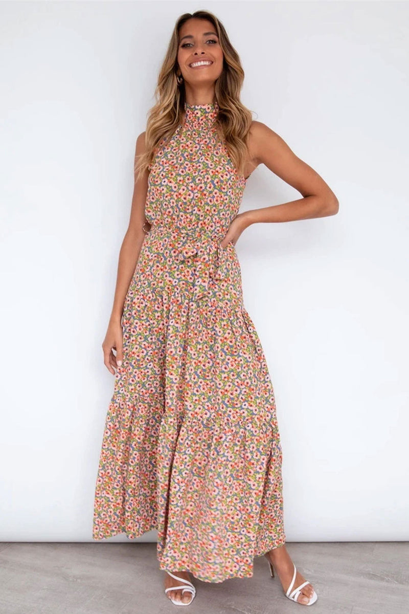 Boho Maxi Dress, Halter Dress, Meadowsweet in Pink Ltittle Flower