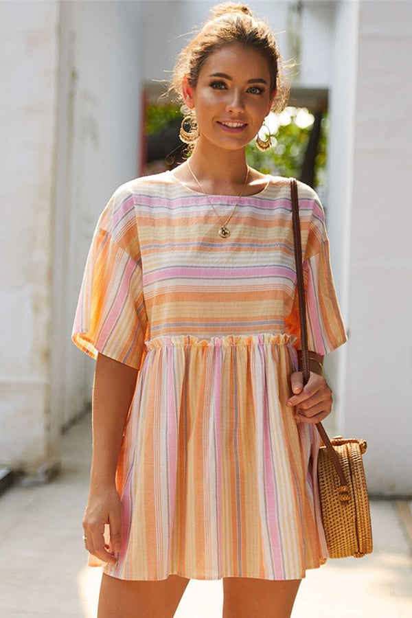 Mini Dress, Boho Dress, Sundress, Cotton Stripe in Pink - Wild Rose Boho