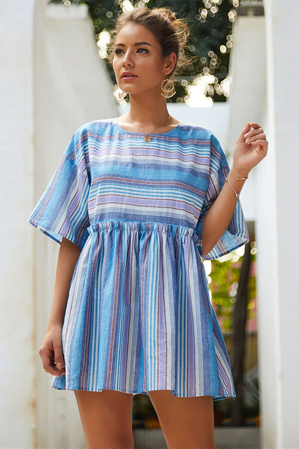 Mini Dress, Boho Dress, Sundress, Cotton Stripe in Blue - Wild Rose Boho