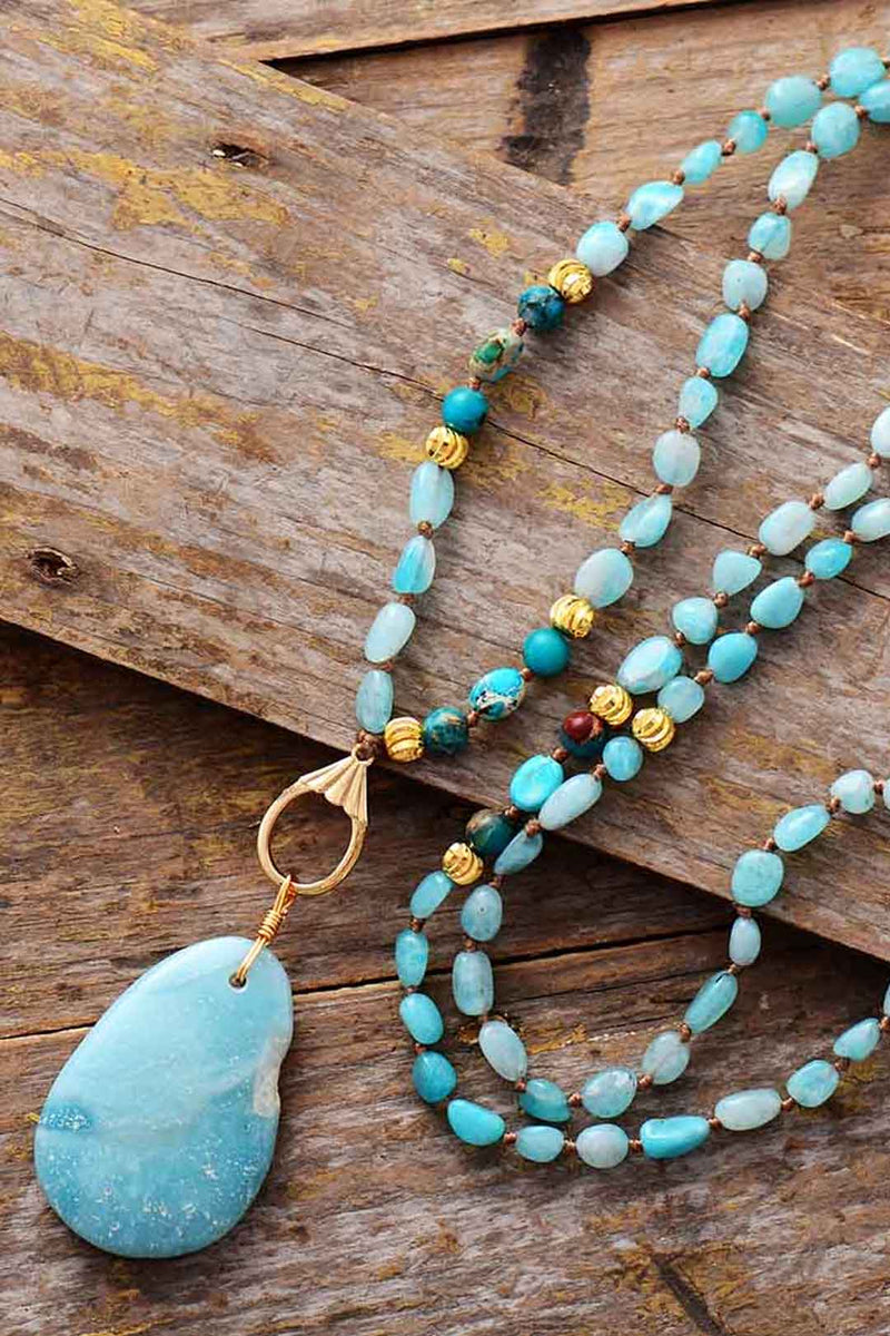 Boho Necklace, Seed Beads Blue Amazonite
