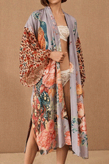 Boho Robe, Kimono Robe,  Beach Cover up, Peacock in White and Pink