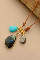Boho Necklace, Labradorite Amazonite Leather Pendant Necklace