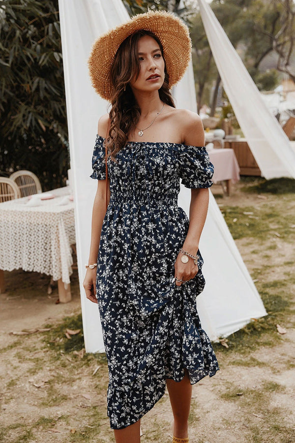 Midi Dress, Boho Dress, Off Shoulder Sundress, Nicole in Navy Blue - Wild Rose Boho