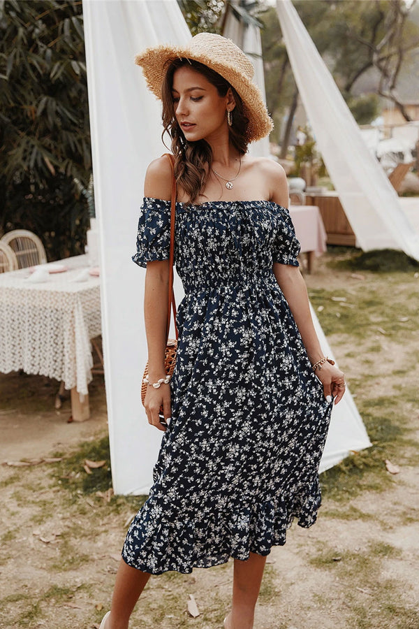 Midi Dress, Boho Dress, Off Shoulder Sundress, Nicole in Navy Blue - Wild Rose Boho